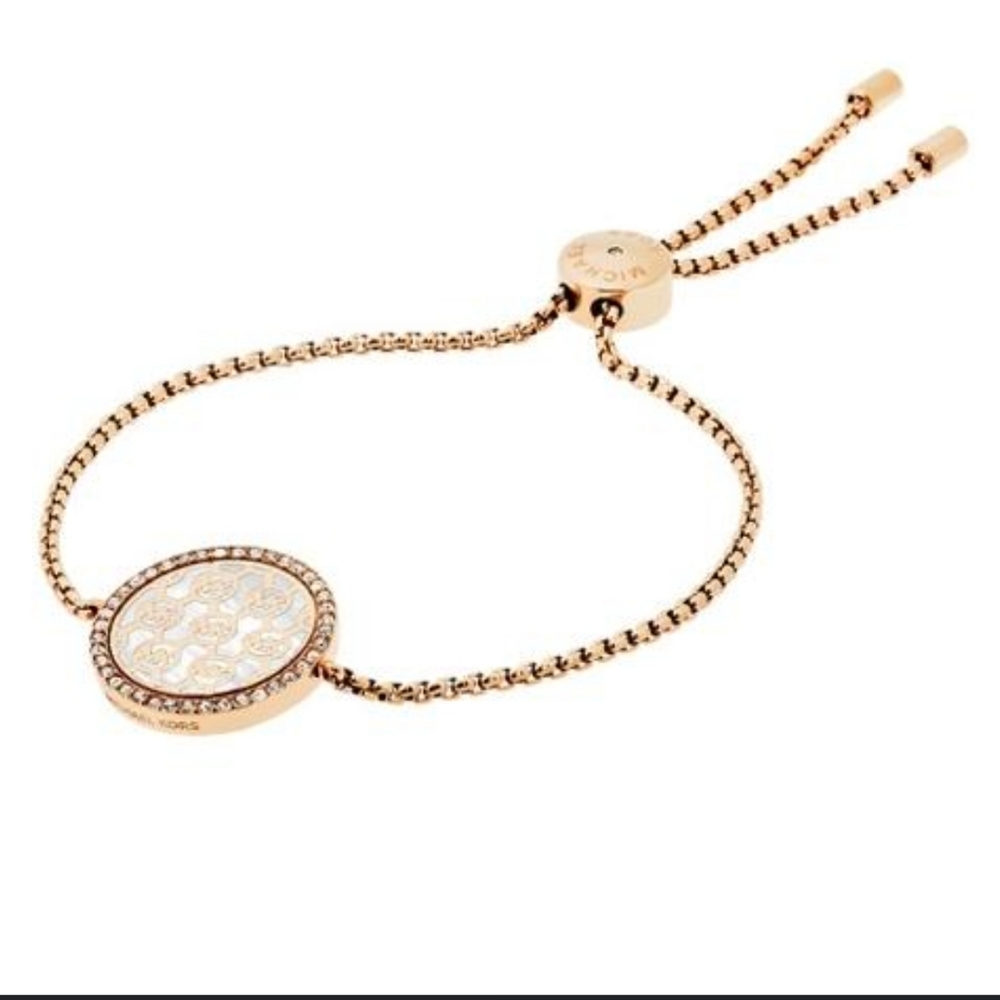 MK Gold & MOP Monogram Pavé Disk Slider Bracelet